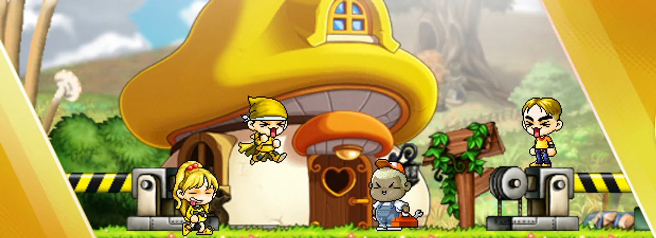 Mushroom-house village and maintenance workers, cropped from Nexon maintenance announcement artwork